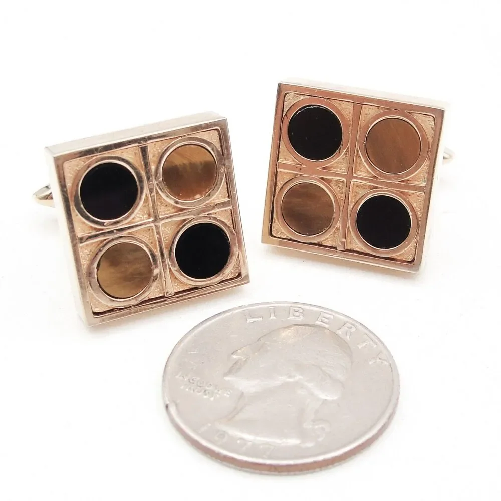 Vintage Swank Tiger Eye Black Onyx Cufflinks Square Checkerboard Geometric MCM